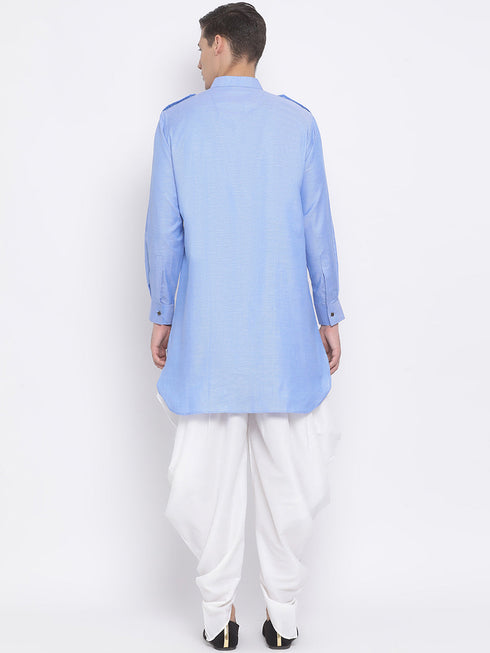 Vastramay Men's Blue Cotton Blend Kurta and Dhoti Set
